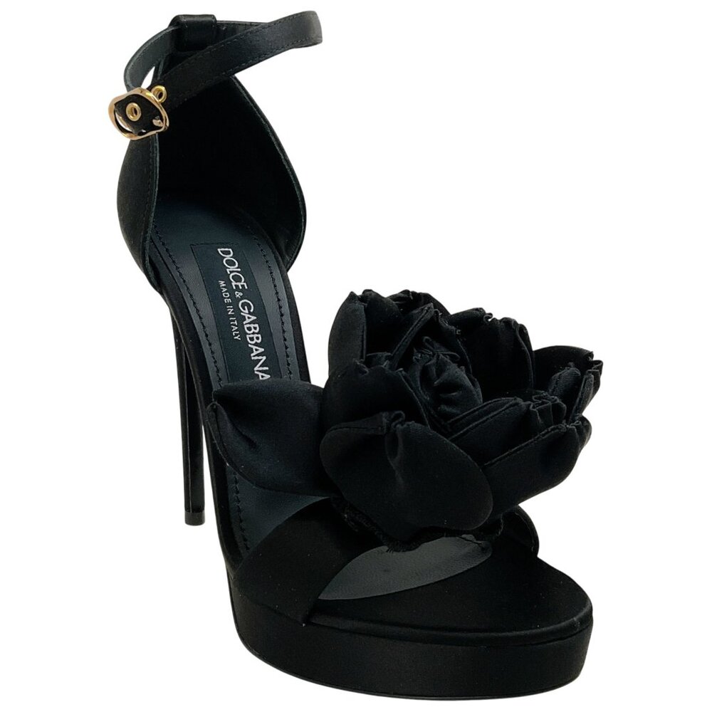 Dolce & Gabbana Black Satin Keira Platform Sandals with Rose Applique